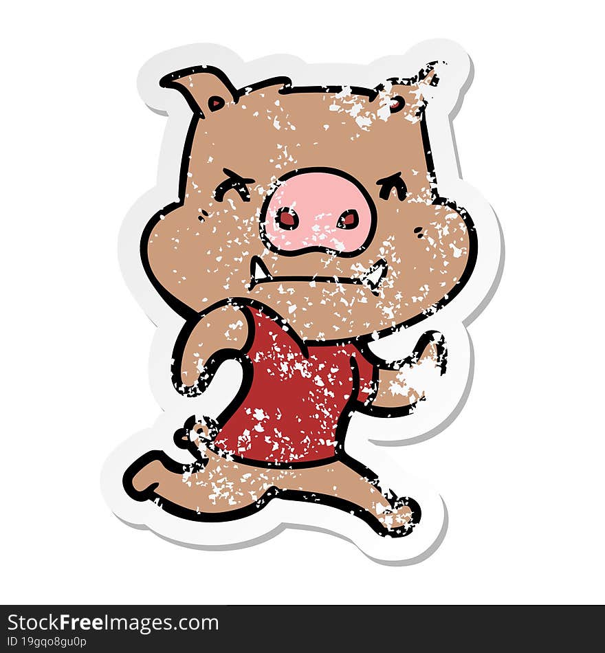 distressed sticker of a angry cartoon pig running