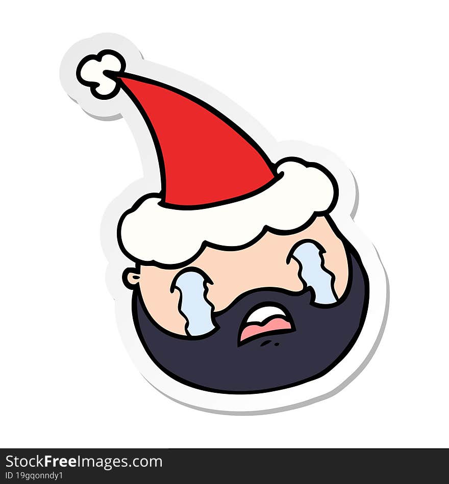 sticker cartoon of a male face with beard wearing santa hat