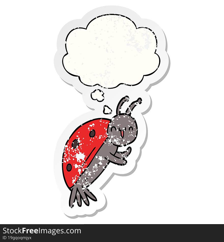 cute cartoon ladybug with thought bubble as a distressed worn sticker