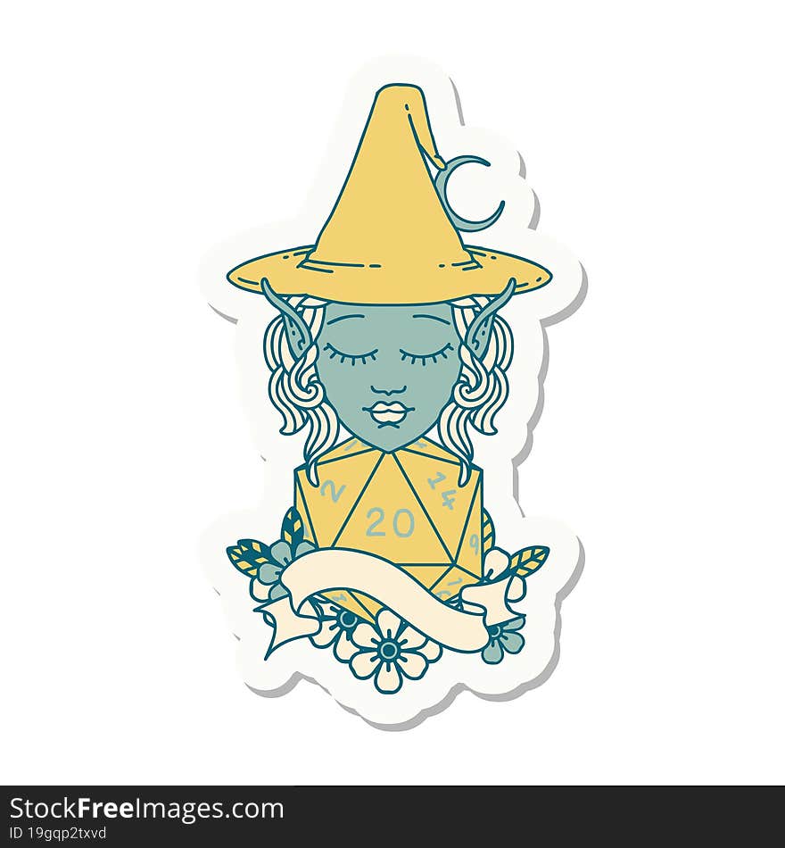 sticker of a elf mage character with natural twenty dice roll. sticker of a elf mage character with natural twenty dice roll