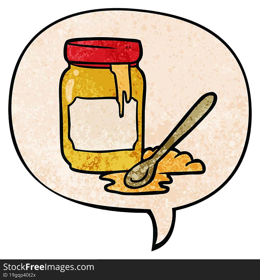 cartoon jar of honey and speech bubble in retro texture style