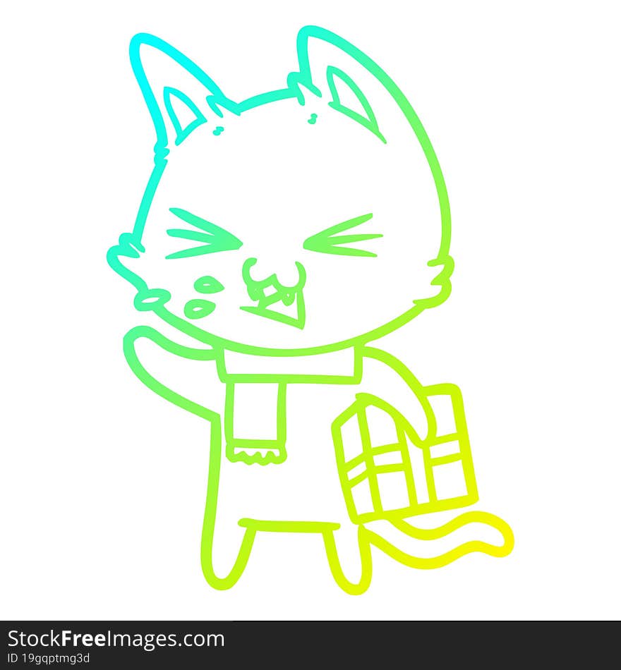 cold gradient line drawing cartoon hissing cat with christmas present