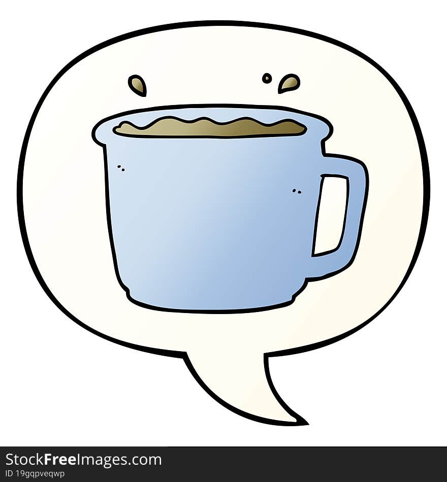 cartoon coffee cup with speech bubble in smooth gradient style