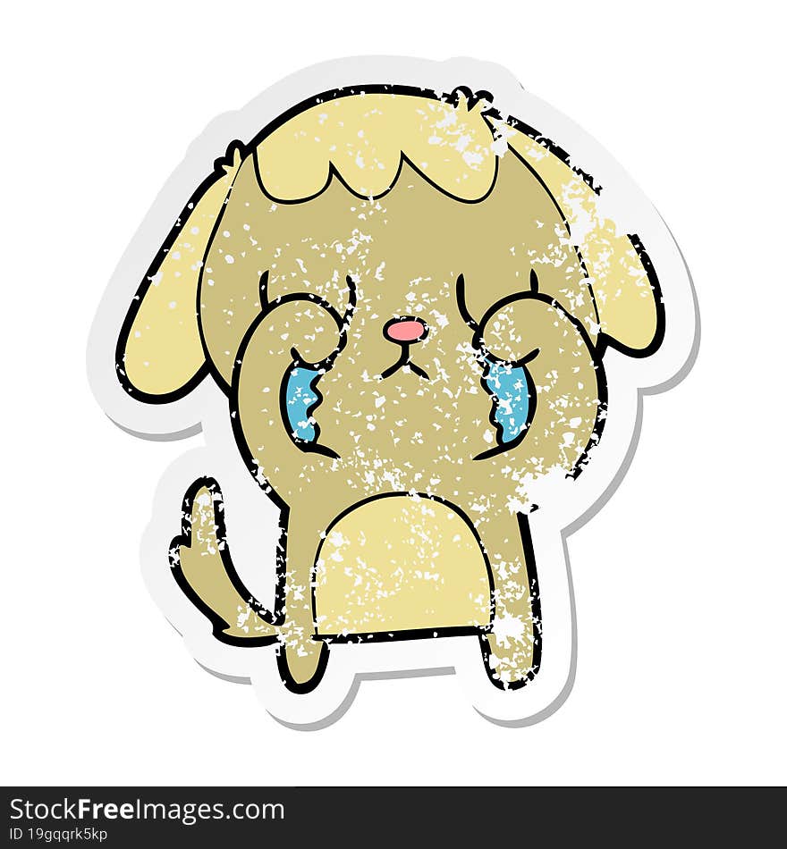 distressed sticker of a cute cartoon dog crying