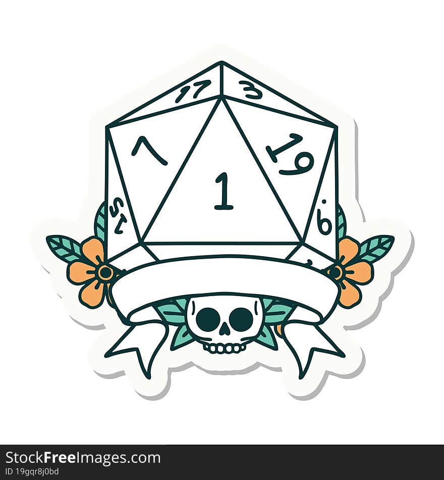 sticker of a natural one d20 dice roll. sticker of a natural one d20 dice roll