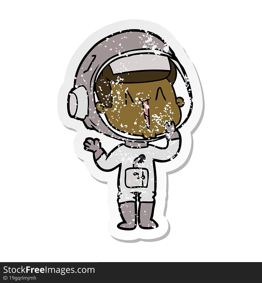 distressed sticker of a laughing cartoon astronaut