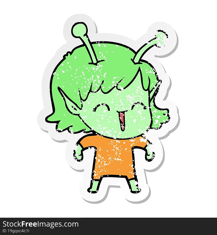 distressed sticker of a cartoon alien girl laughing