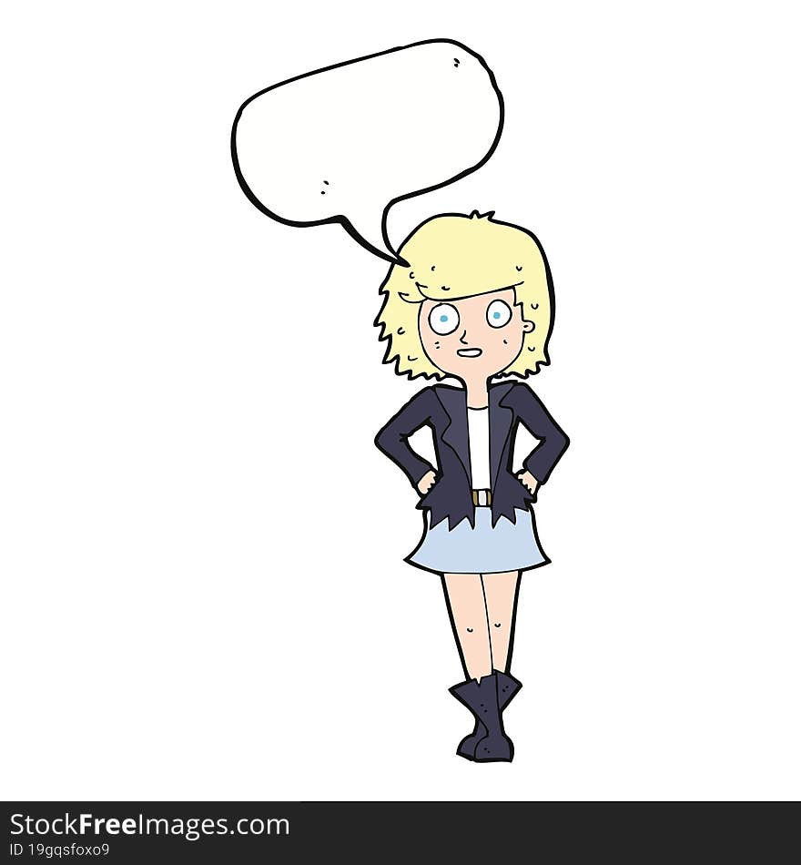 cartoon girl in jacket with speech bubble