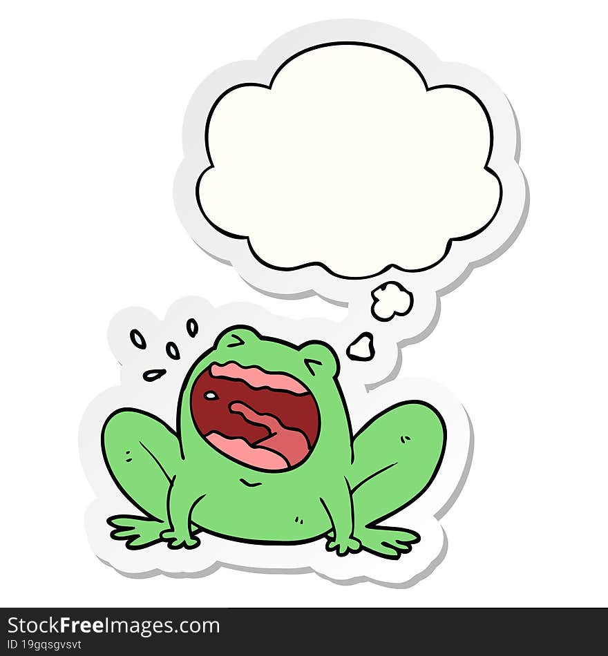 cartoon frog shouting with thought bubble as a printed sticker