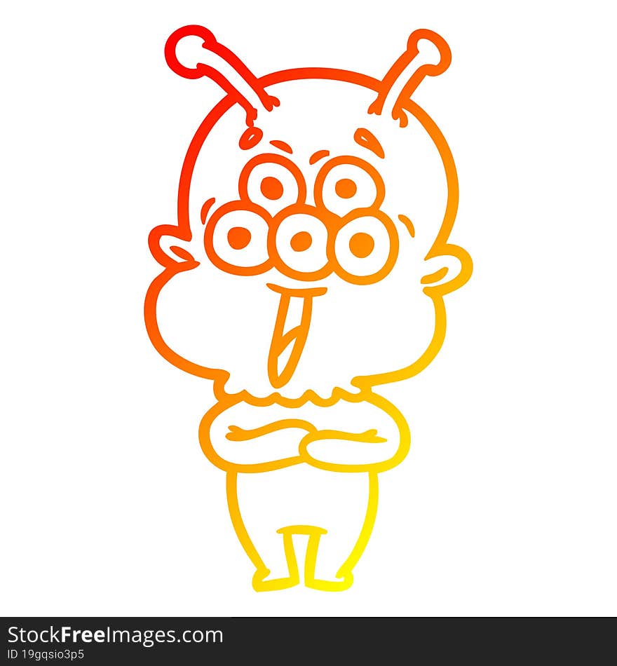 warm gradient line drawing of a happy cartoon alien