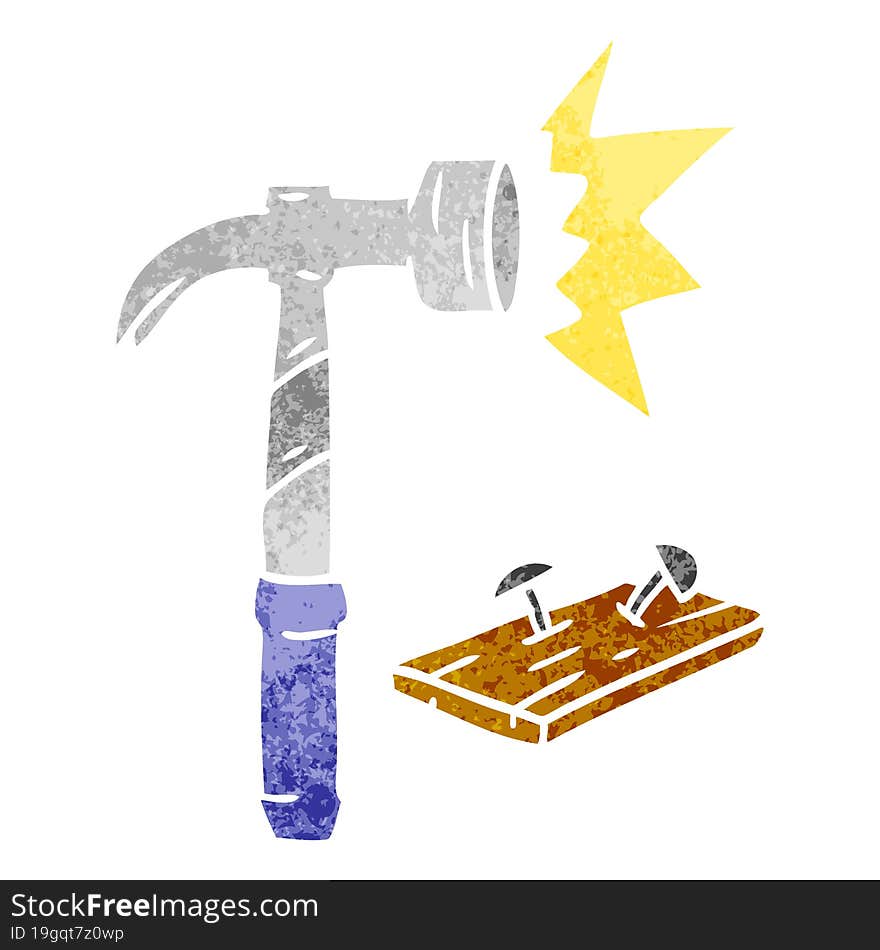 retro cartoon doodle of a hammer and nails