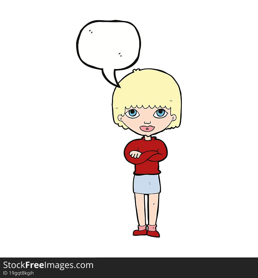 cartoon woman with folded arms with speech bubble