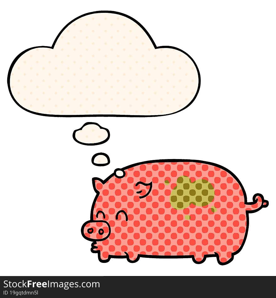 cute cartoon pig and thought bubble in comic book style