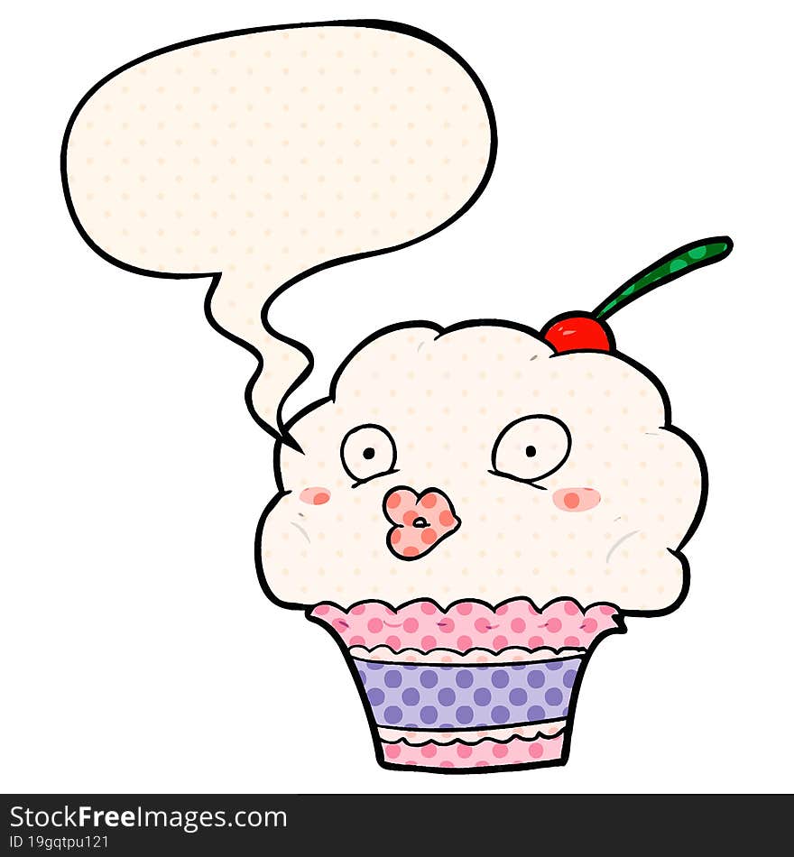 funny cartoon cupcake with speech bubble in comic book style