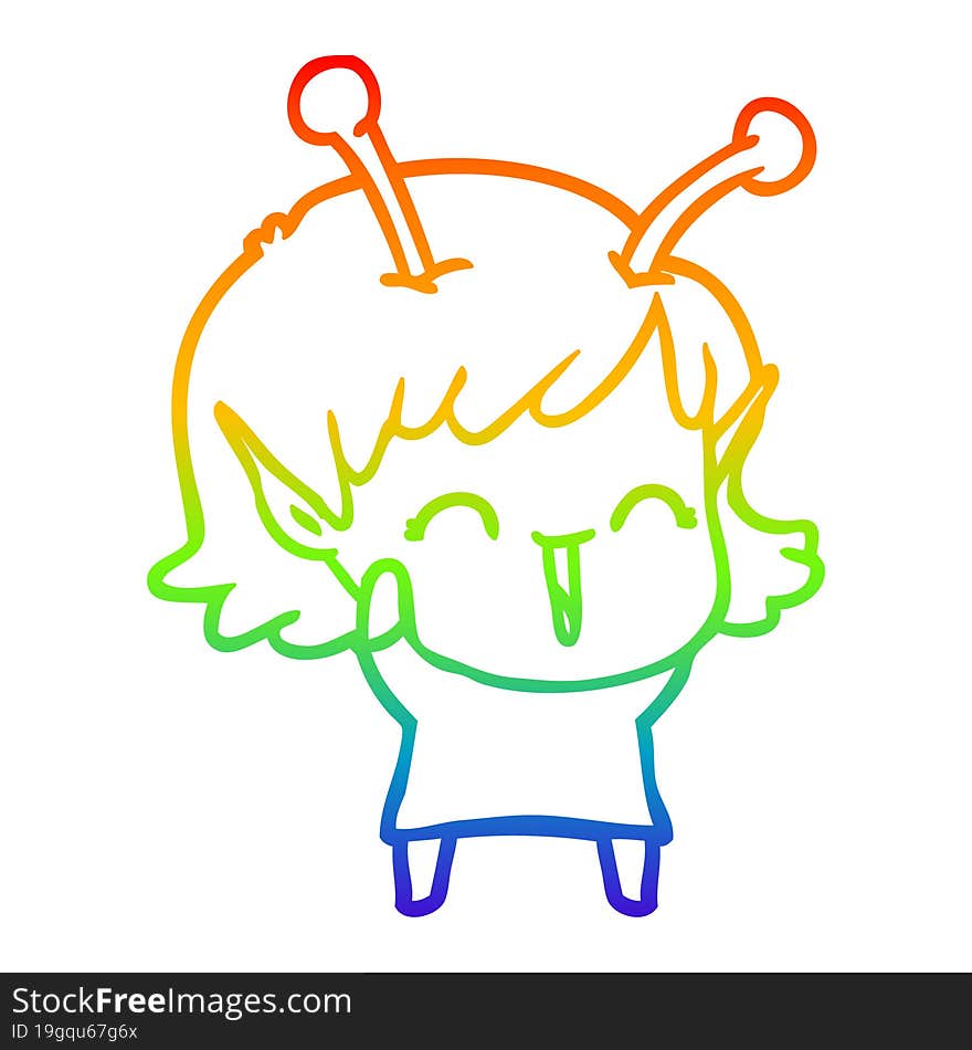 rainbow gradient line drawing of a cartoon alien girl laughing