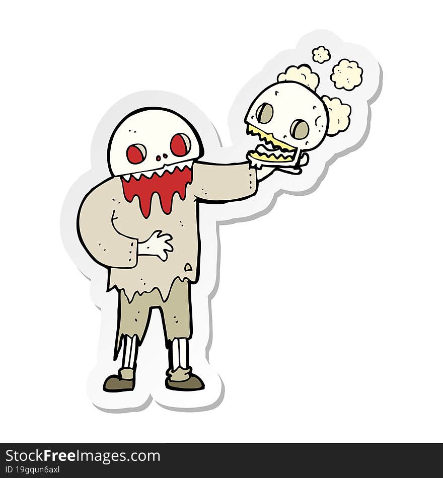 sticker of a cartoon zombie holding a skull