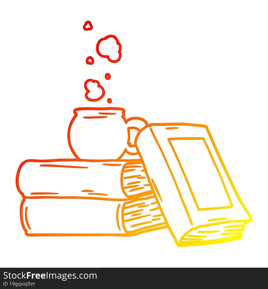 Warm Gradient Line Drawing Cartoon Coffee Cup And Study Books