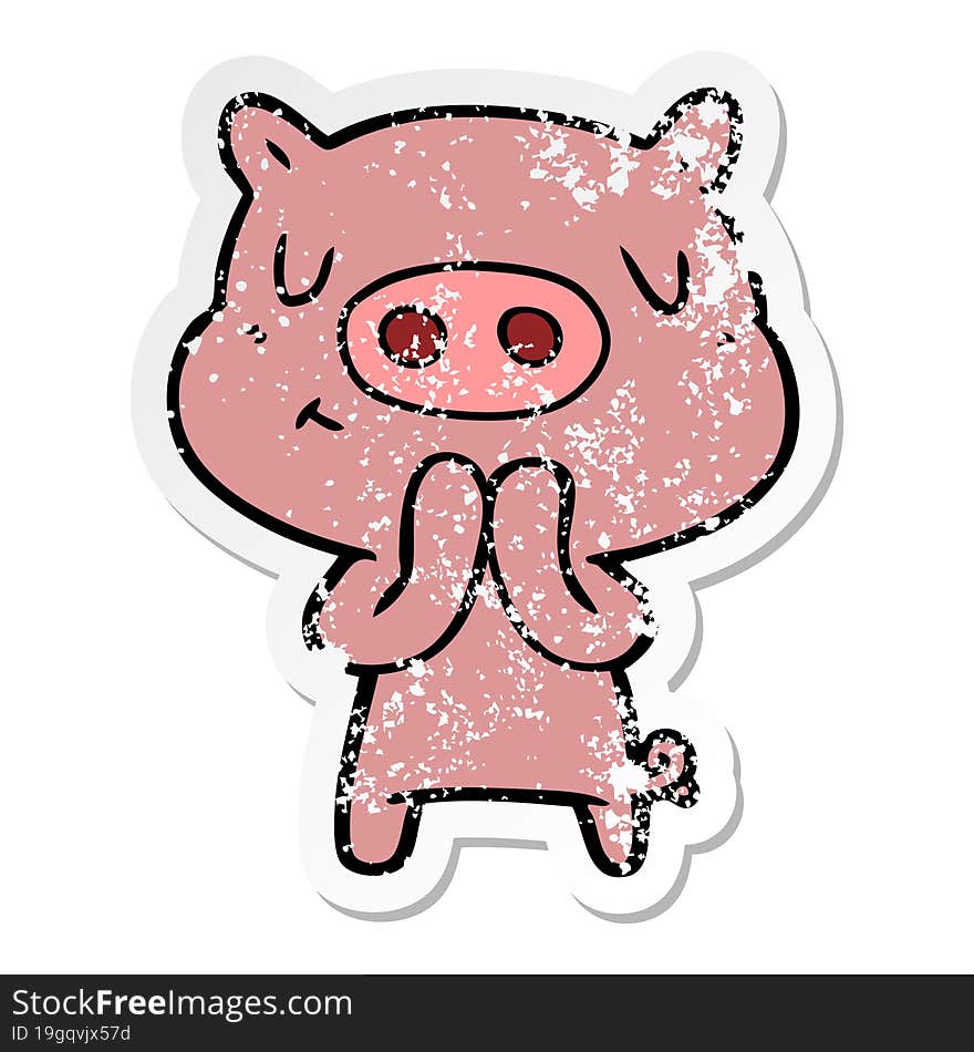 Distressed Sticker Of A Cartoon Content Pig