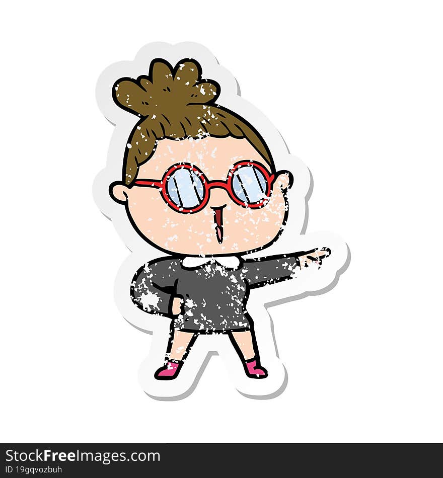 distressed sticker of a cartoon woman wearing spectacles