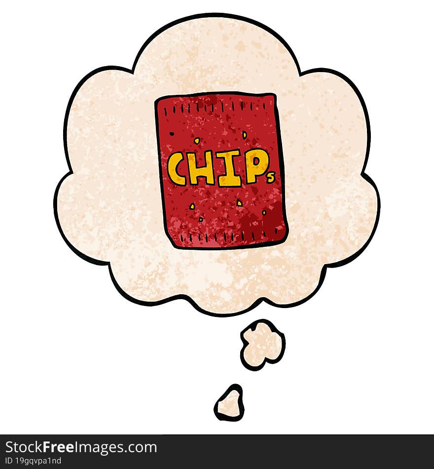 Cartoon Packet Of Chips And Thought Bubble In Grunge Texture Pattern Style