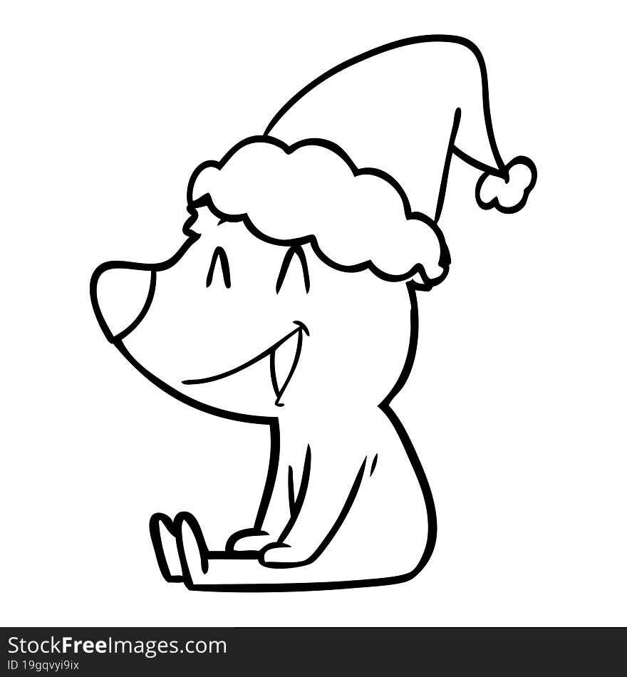 sitting bear line drawing of a wearing santa hat