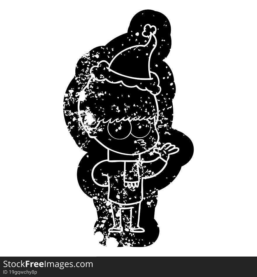 Nervous Cartoon Distressed Icon Of A Boy Wearing Santa Hat