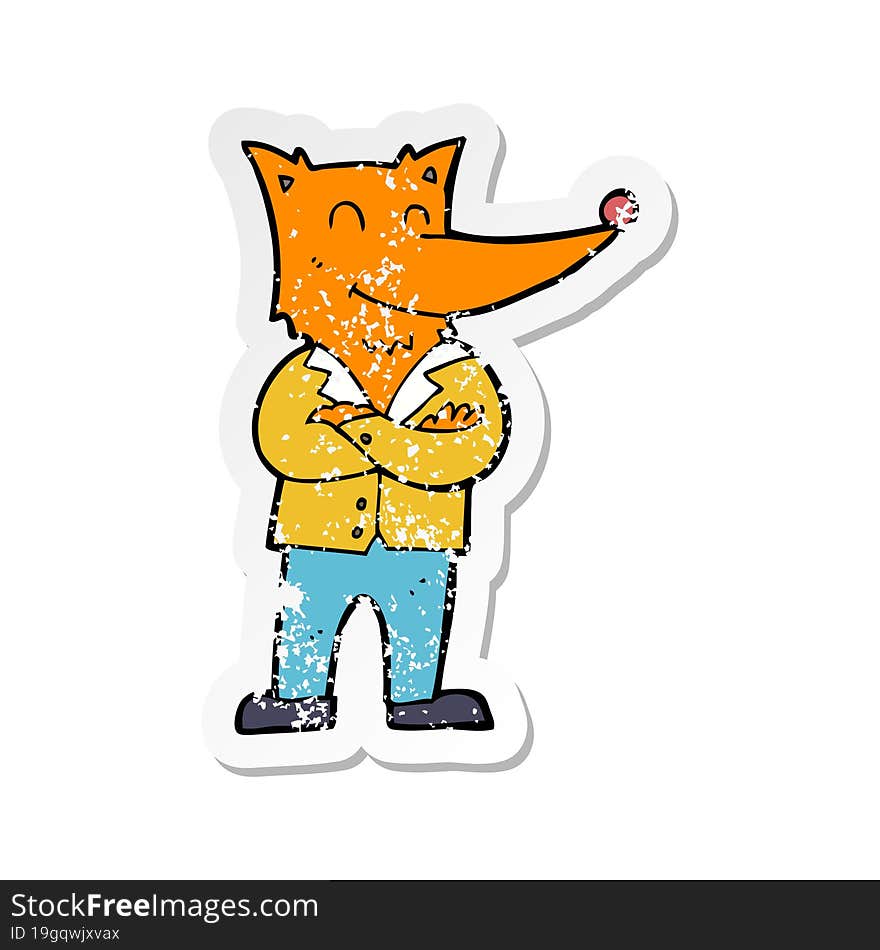 retro distressed sticker of a cartoon fox in shirt