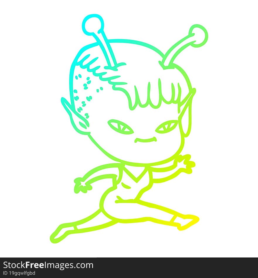 cold gradient line drawing of a cute cartoon alien girl