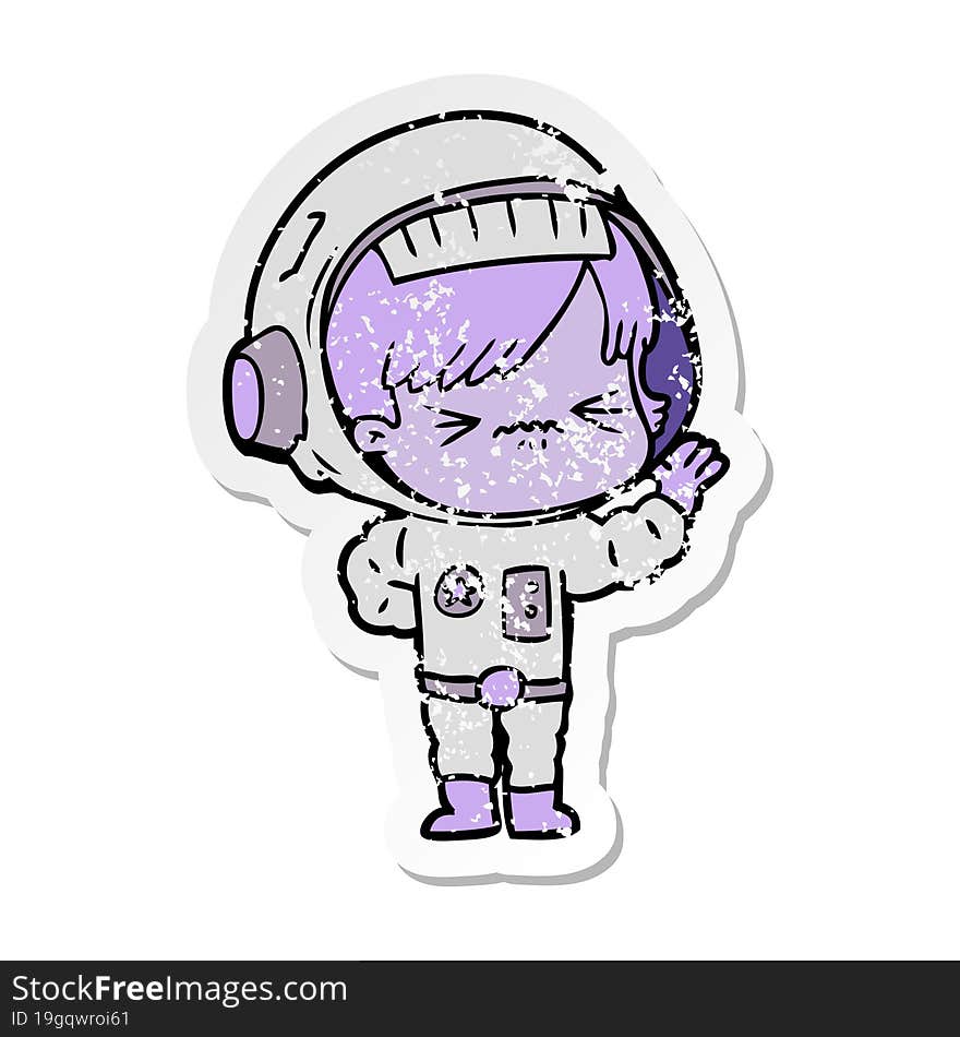 distressed sticker of a angry cartoon space girl waving