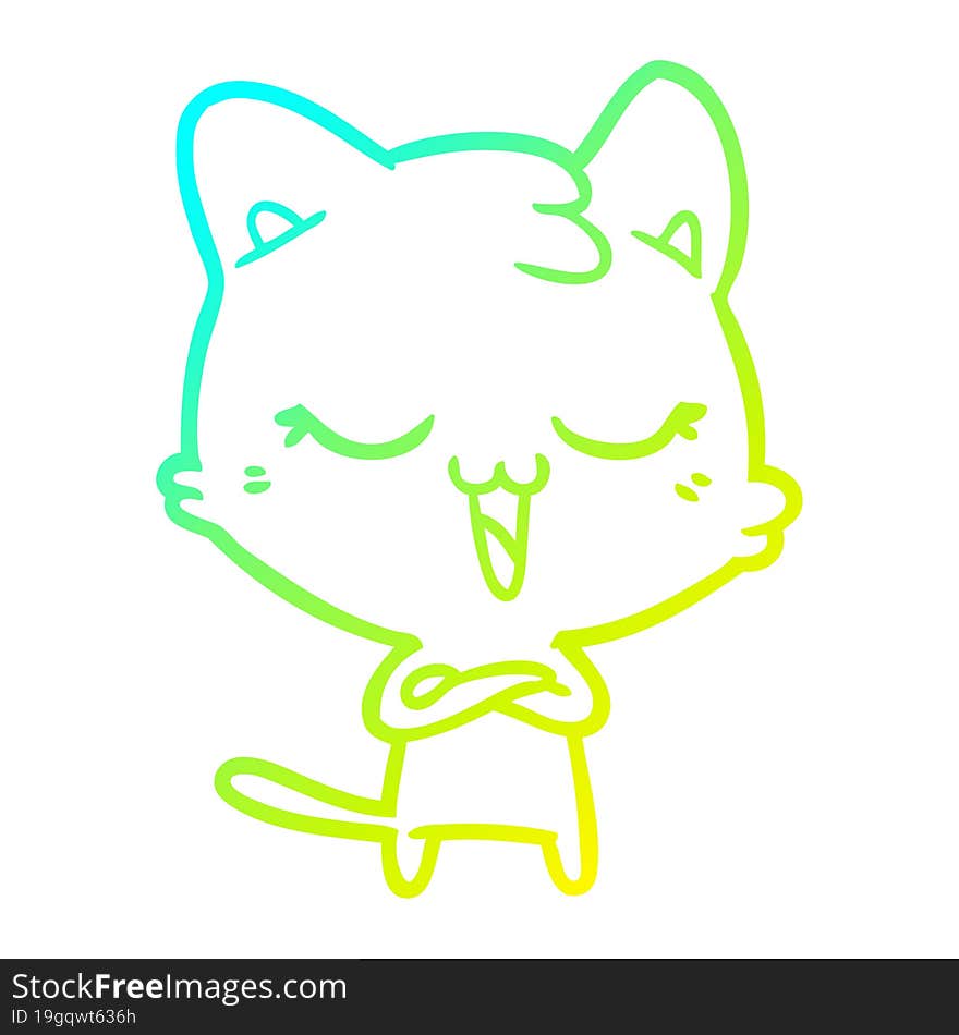 cold gradient line drawing of a happy cartoon cat