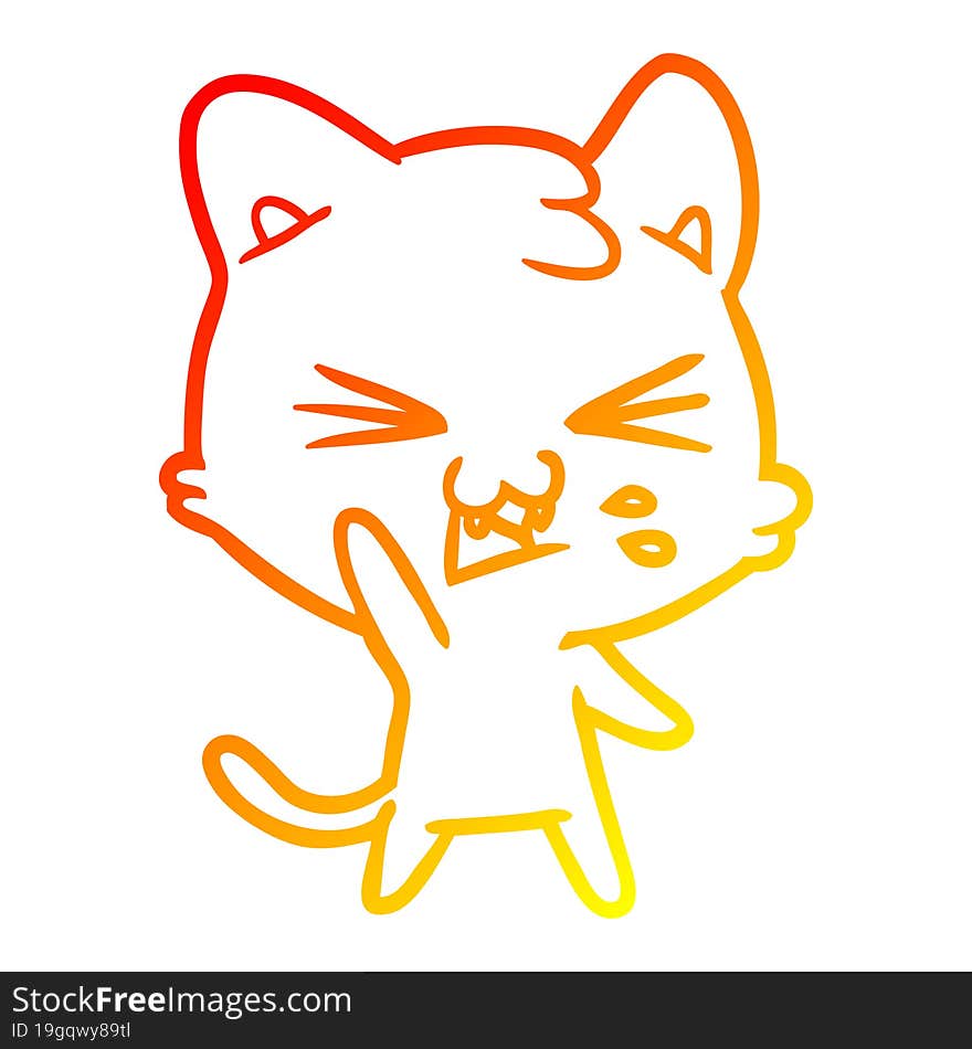 warm gradient line drawing of a cartoon cat hissing