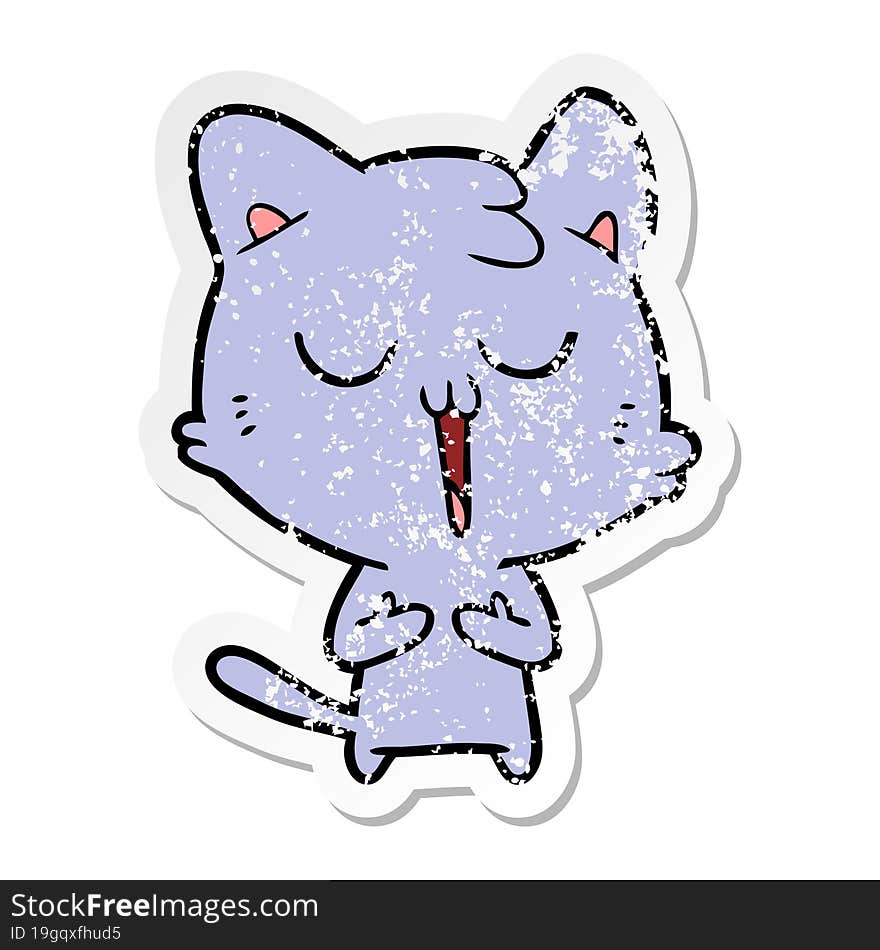 Distressed Sticker Of A Cartoon Cat Singing