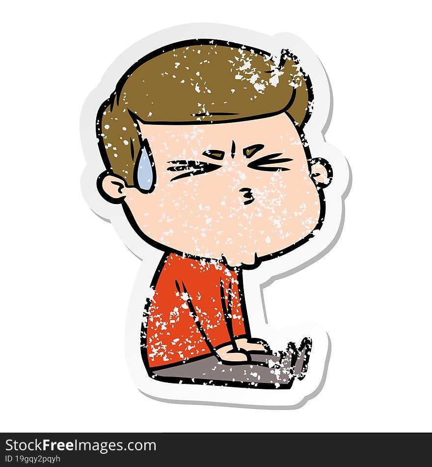 distressed sticker of a cartoon man sweating