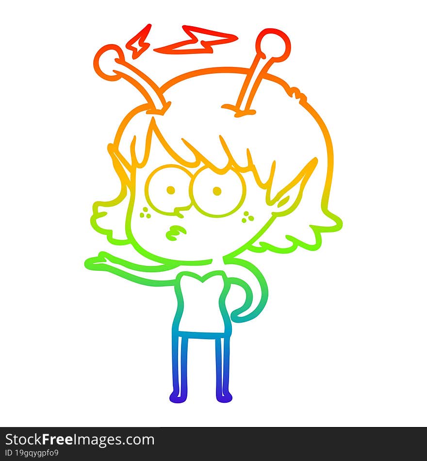 rainbow gradient line drawing of a cartoon alien girl