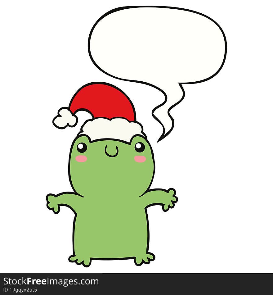 cute cartoon frog wearing christmas hat and speech bubble