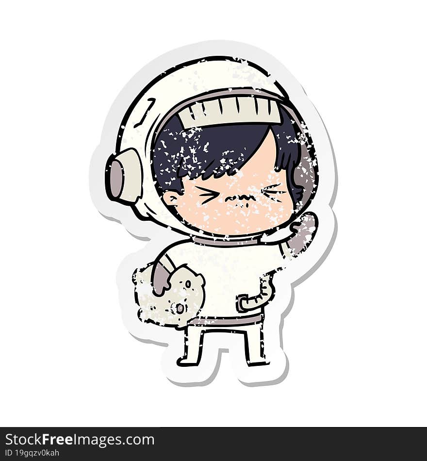 distressed sticker of a angry cartoon space girl