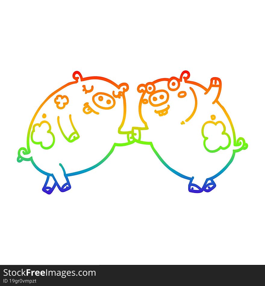 Rainbow Gradient Line Drawing Cartoon Pigs Dancing