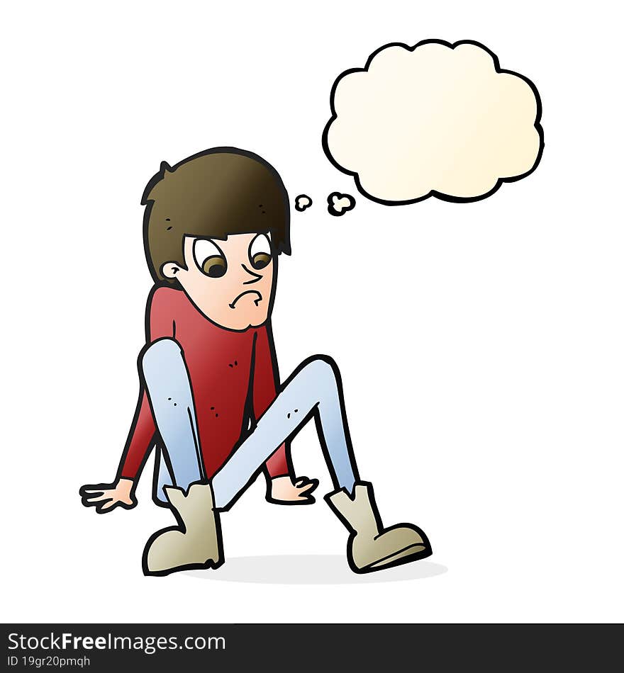 Cartoon Boy Sitting On Floor With Thought Bubble