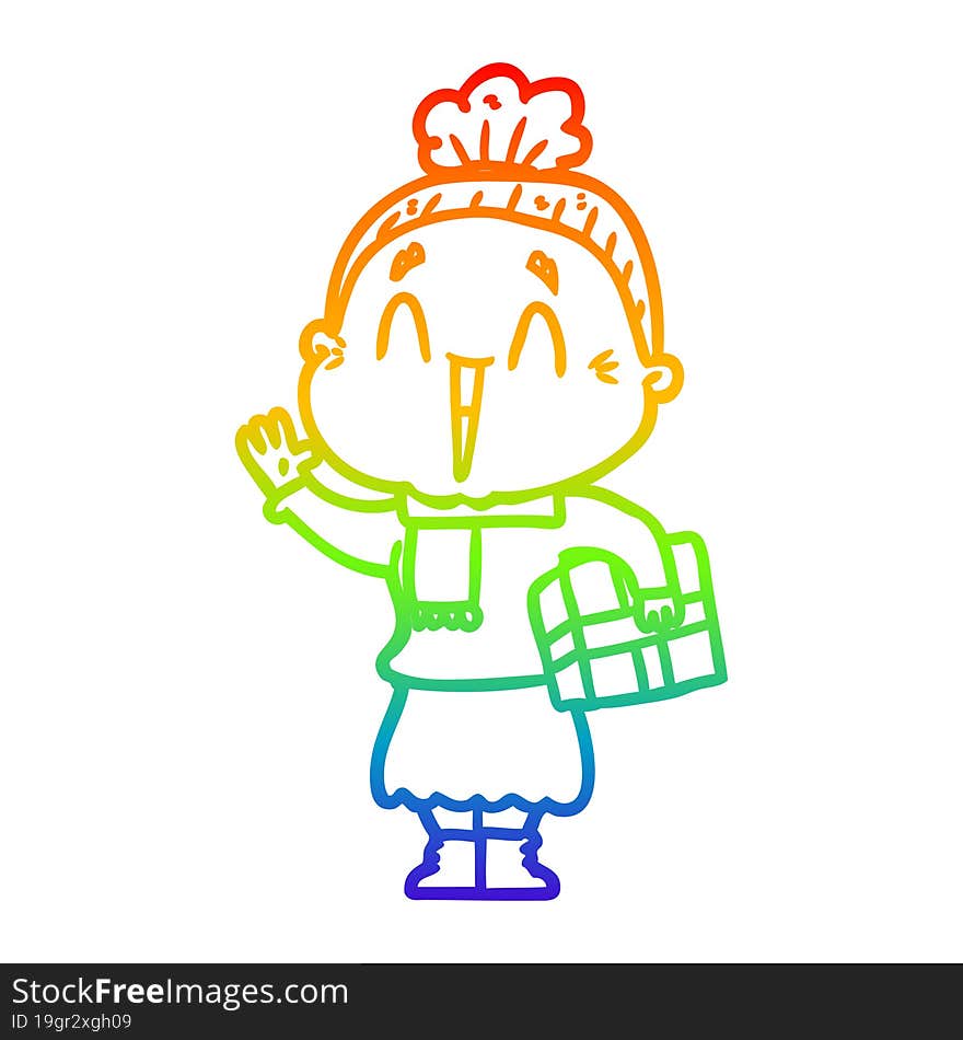 rainbow gradient line drawing of a cartoon happy old lady