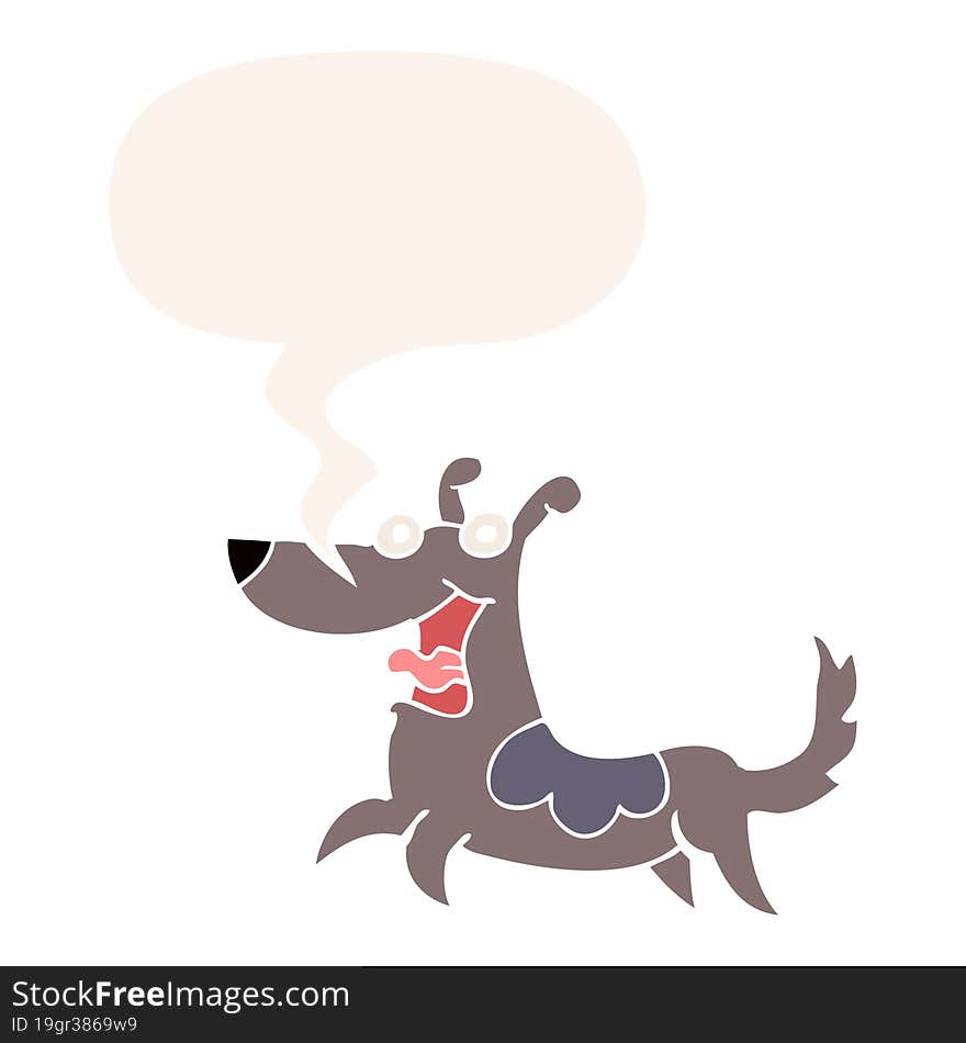 happy dog cartoon and speech bubble in retro style