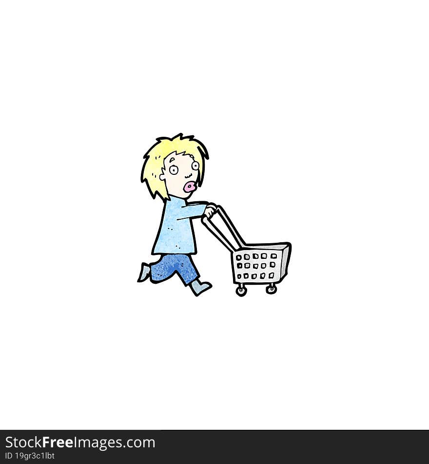 cartoon woman pushing shopping trolley