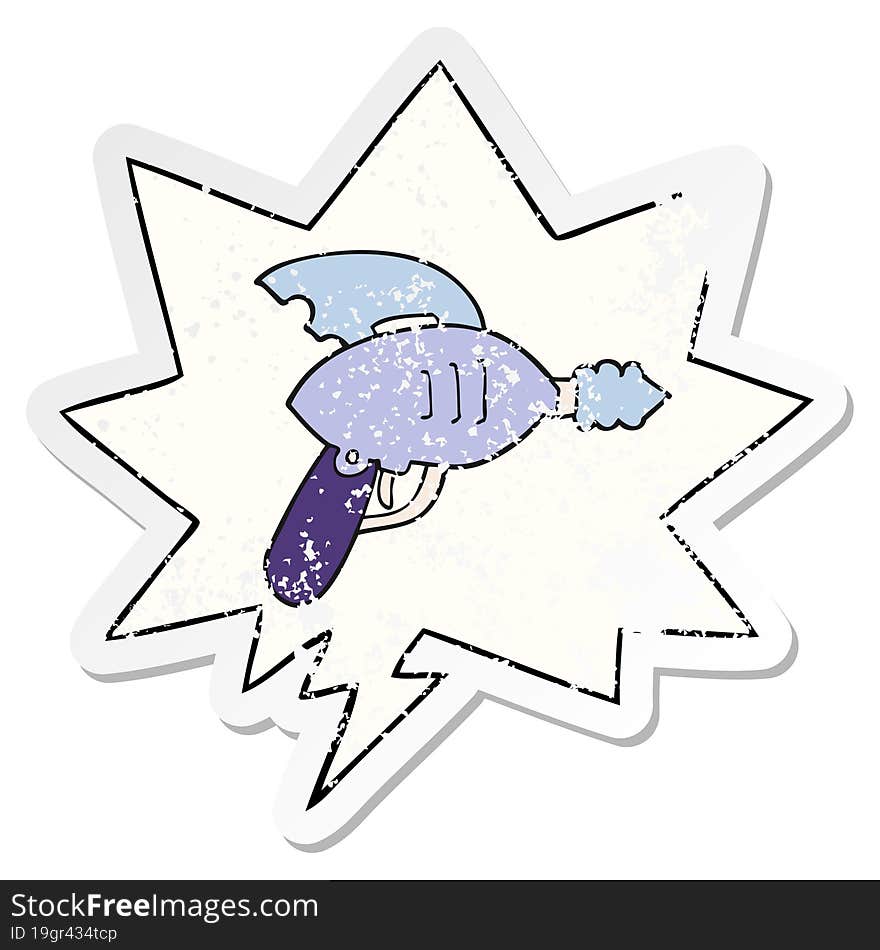 Cartoon Ray Gun And Speech Bubble Distressed Sticker