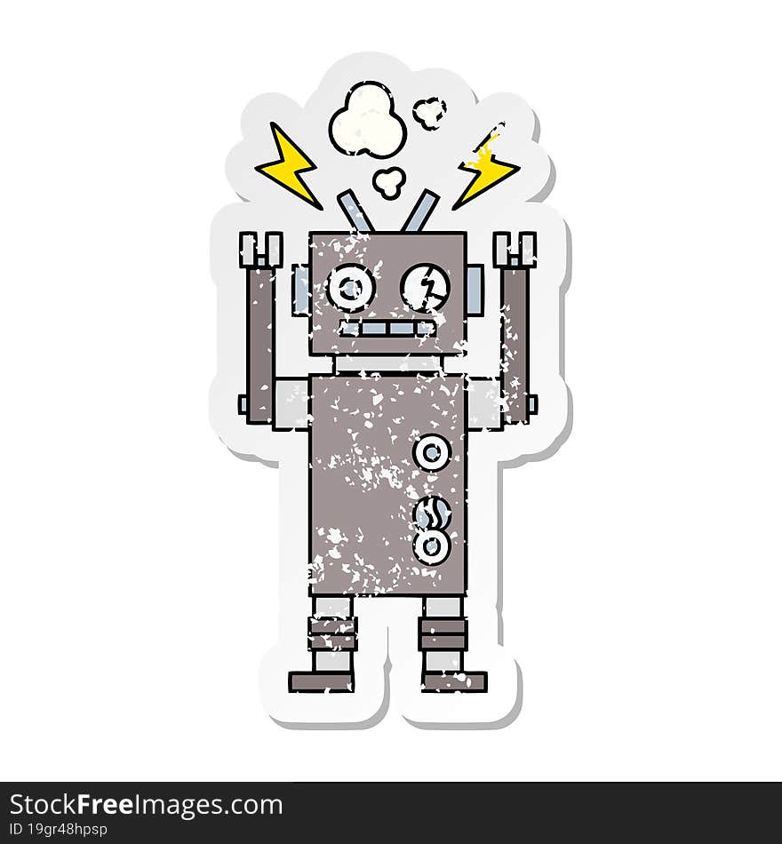 distressed sticker of a cute cartoon malfunctioning robot