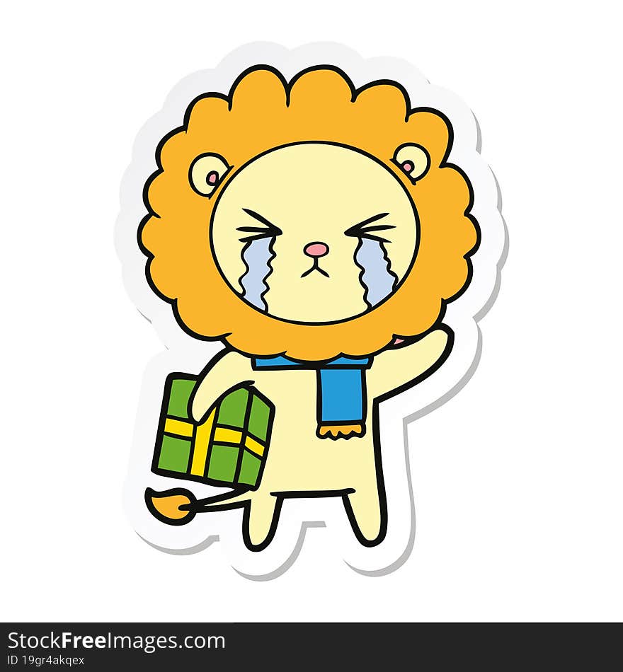 sticker of a cartoon crying lion