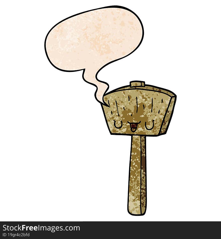 cartoon mallet and speech bubble in retro texture style