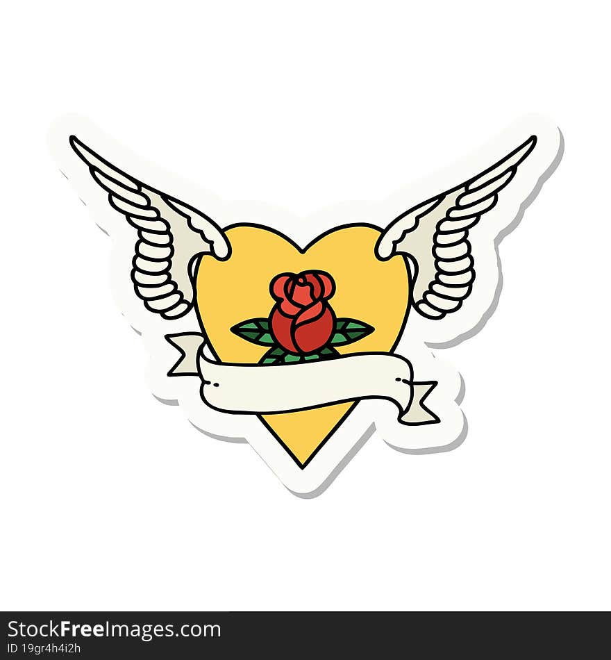 tattoo style sticker of a heart with wings a rose and banner