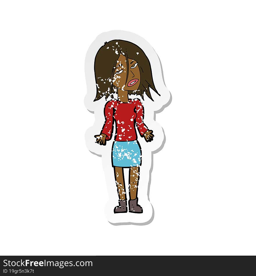 Retro Distressed Sticker Of A Cartoon Woman Shrugging Shoulders