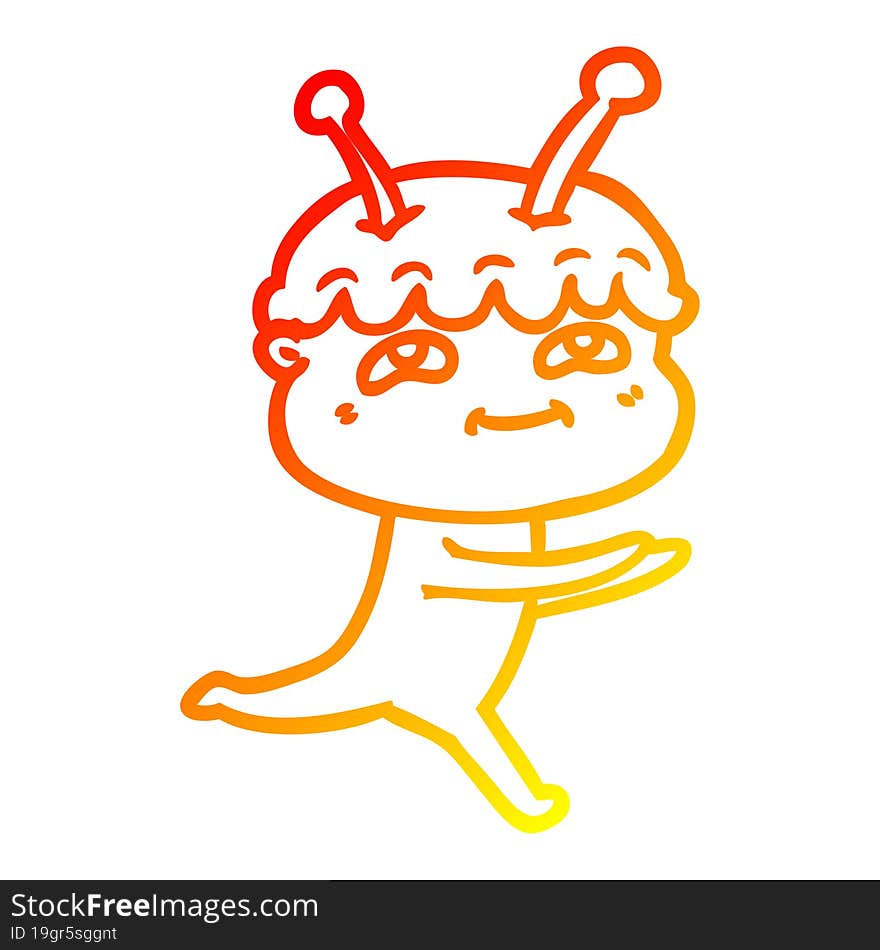 warm gradient line drawing of a friendly cartoon spaceman running