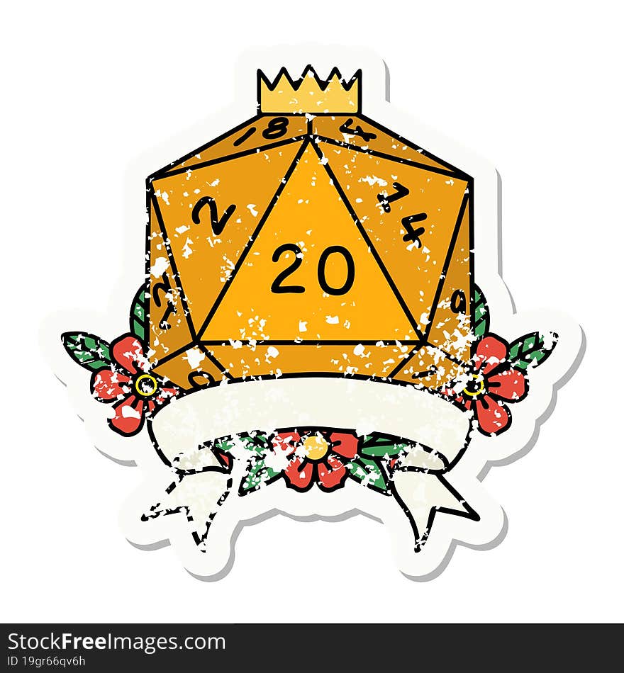 natural 20 critical hit D20 dice roll grunge sticker