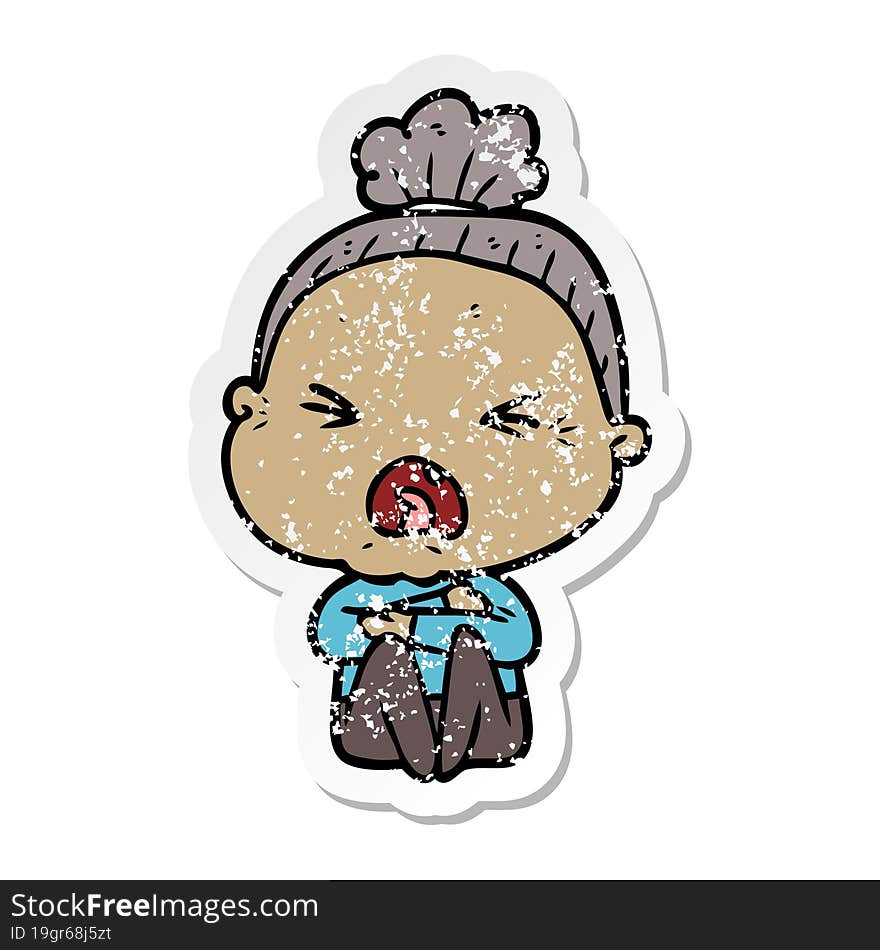 distressed sticker of a cartoon angry old woman